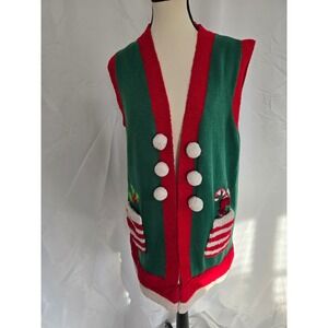 Holiday Time Women XL Green Red Elf Ugly Christmas Sweater Vest Pockets Pom Poms